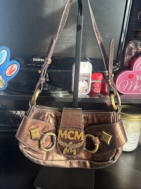 MCM vintage Metallic Bronze Mini Shoulder Bag with Gold Hardware